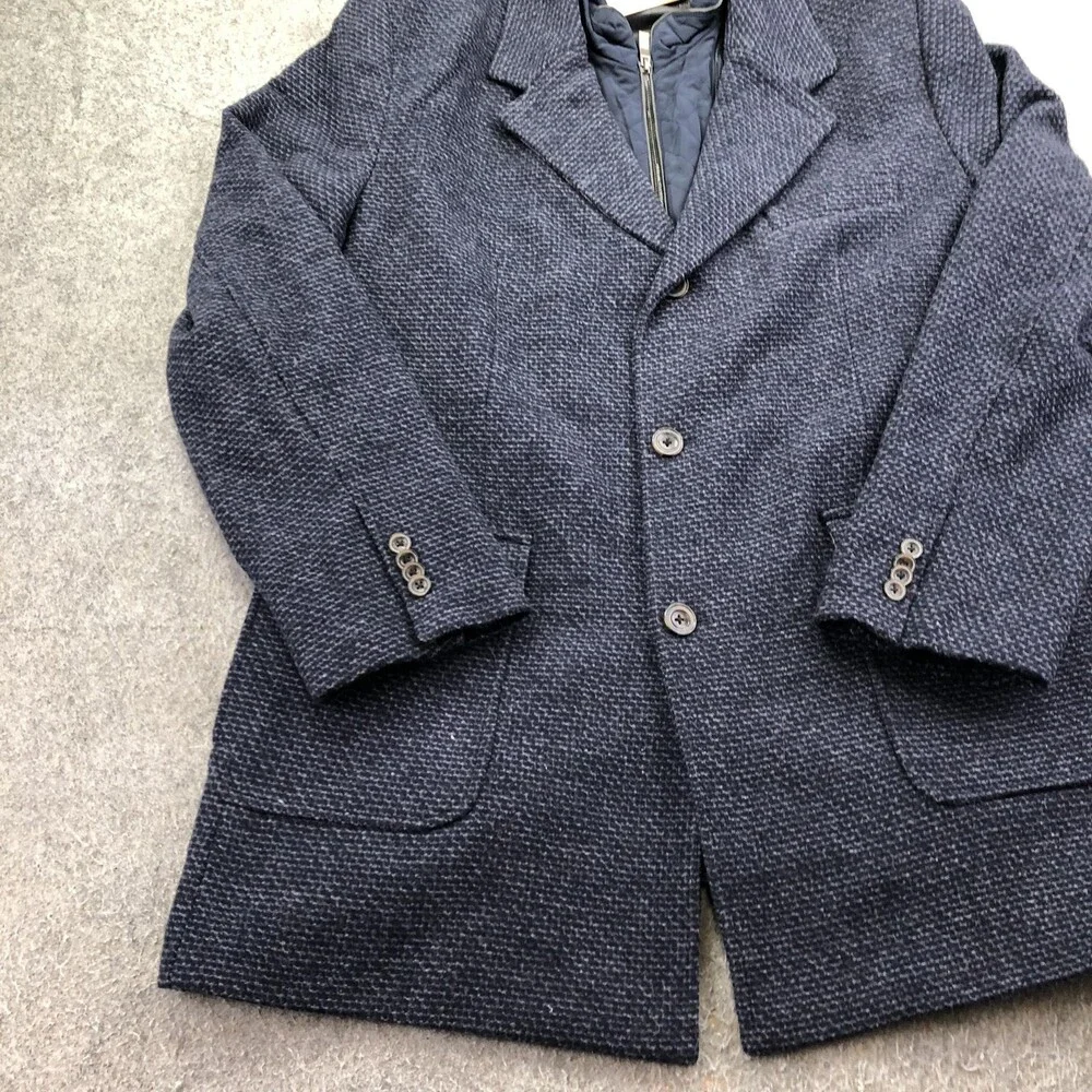 Johnston & Murphy Coat Mens Large Blue Wool Check Tweed Quilted Lined Overcoat